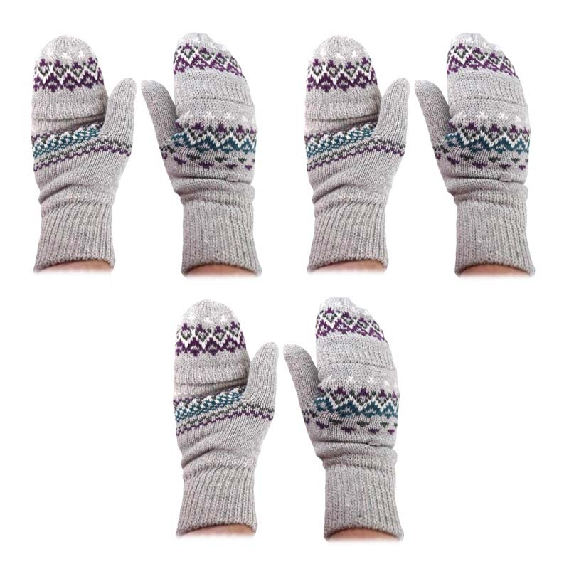 Heat Holders Ladies' Light Grey Jacquard Heather Converter Mittens (Pack of Three Pairs)